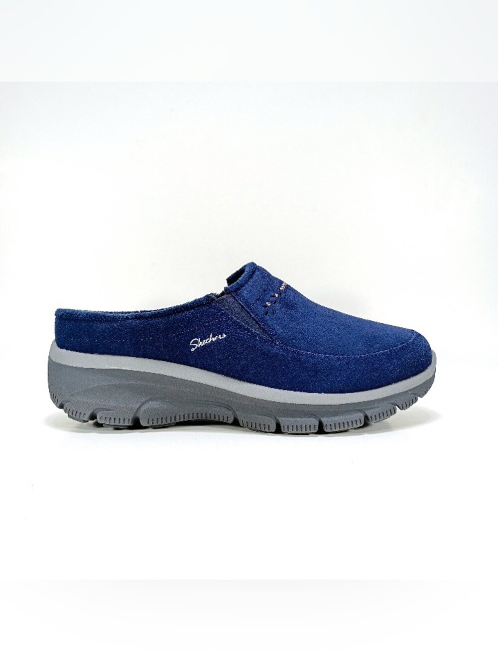 Skechers Easy Going Womens 6 Wide Fit Studded Navy Blue Suede Clogs